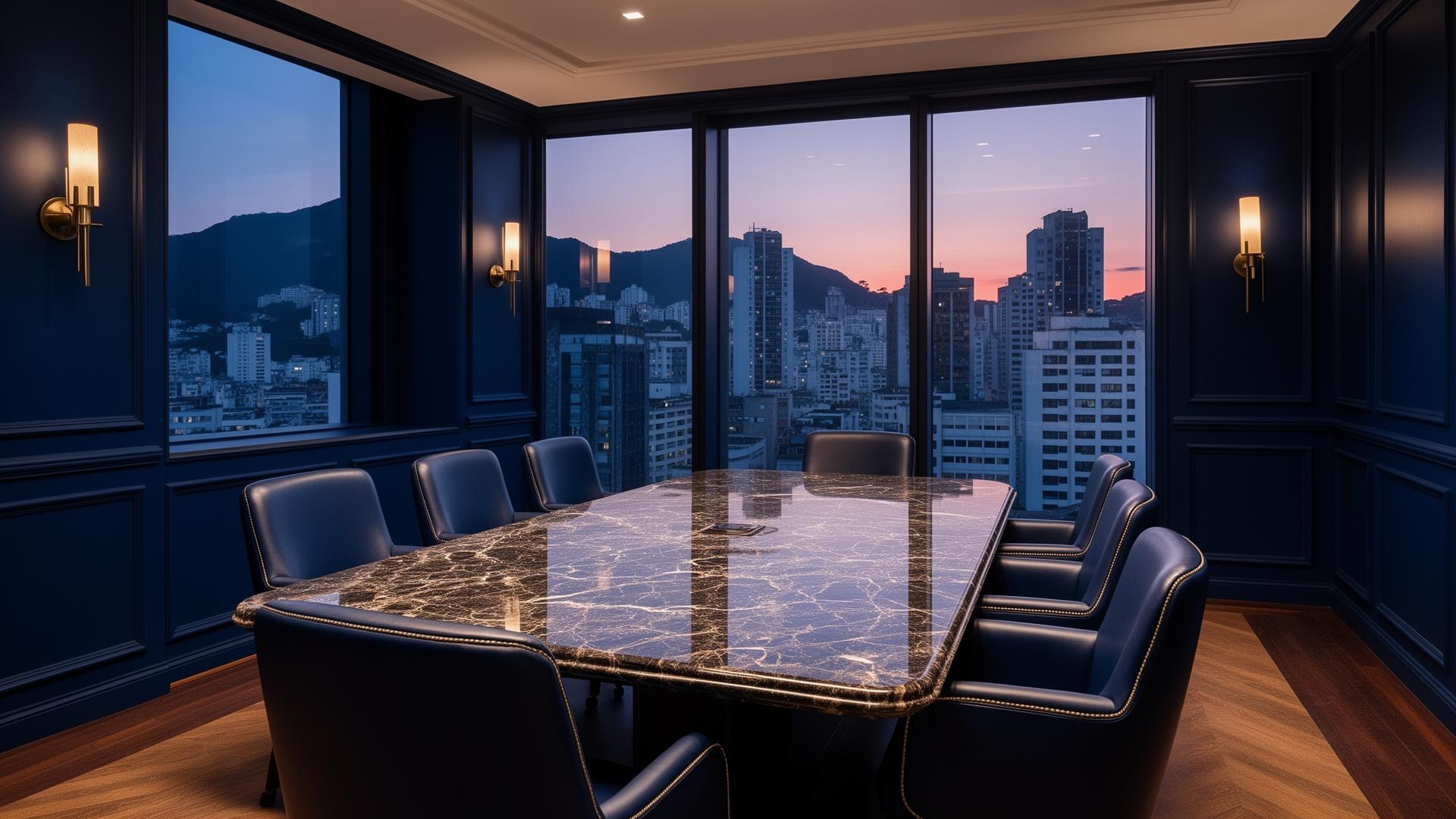 Sala de reunião private banking sofisticada com vista para a cidade